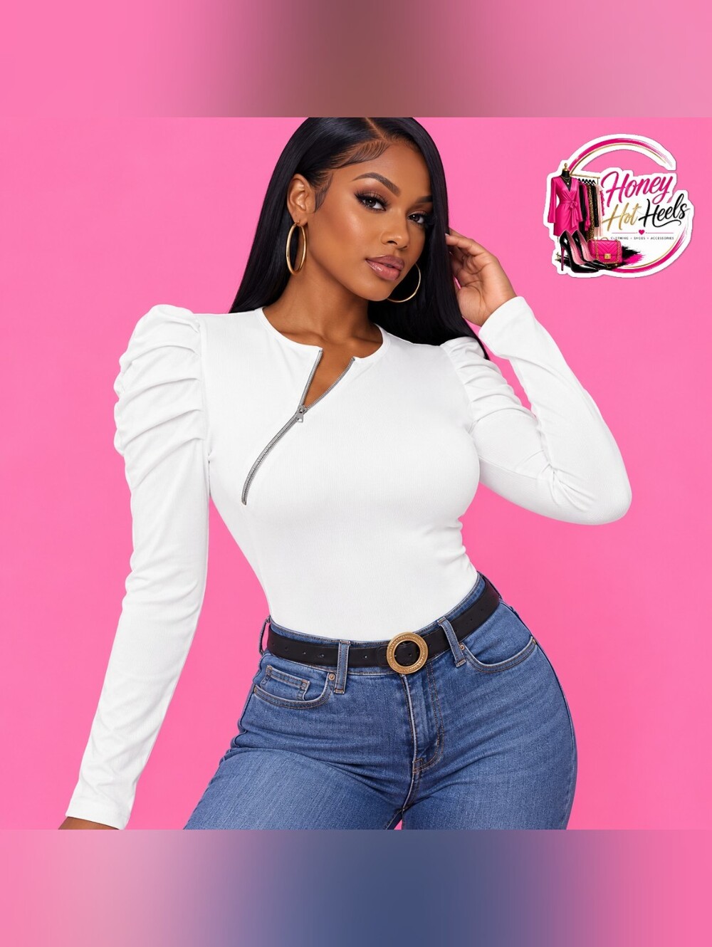 White Puff-Sleeve Zip-Accent Women's Top
